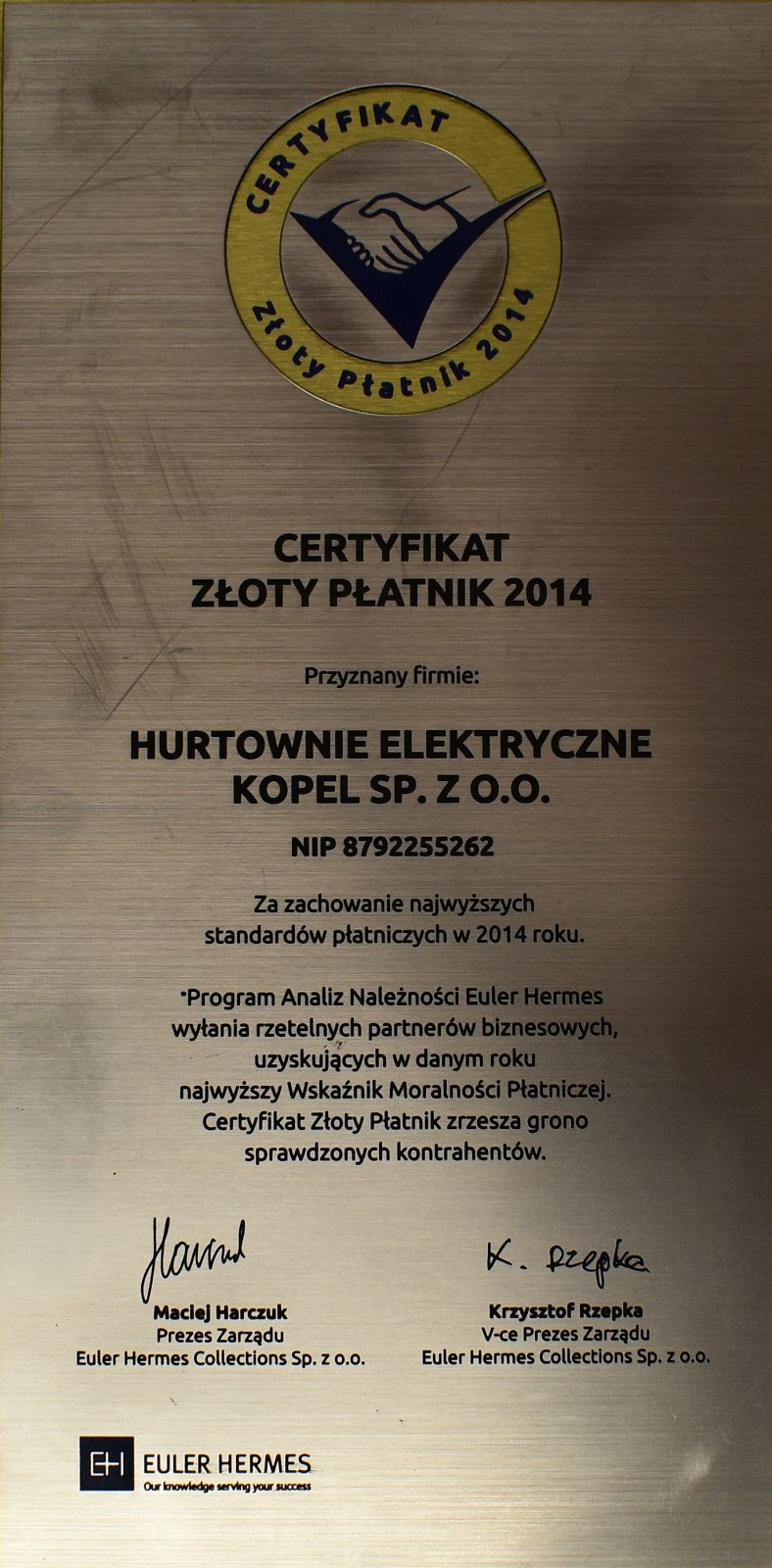 Certyfikat Złoty Płatnik 2014